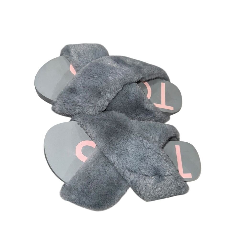 Tom's Susie Eva Faux Fur Slippers Comfy Open Toe Gray Slides Size‎ 10